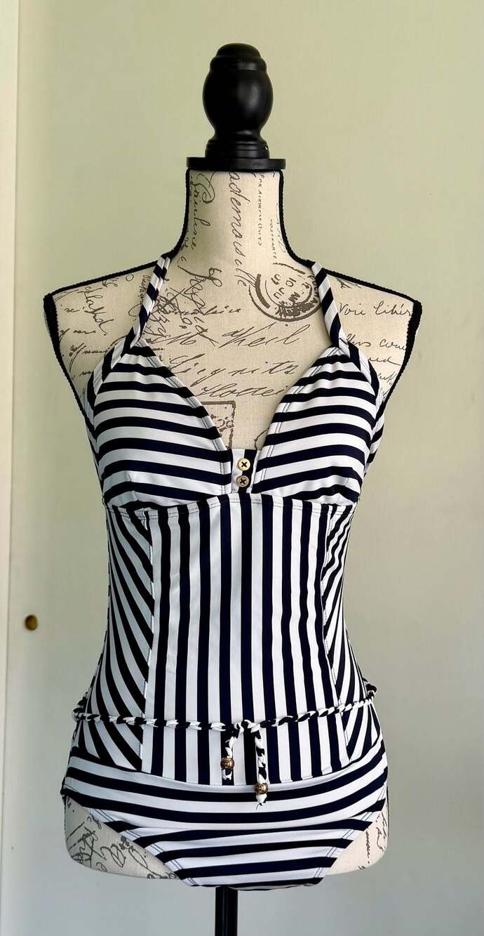Tommy Hilfiger Nautical Navy & White Striped Halter One Piece Swimsuit Medium